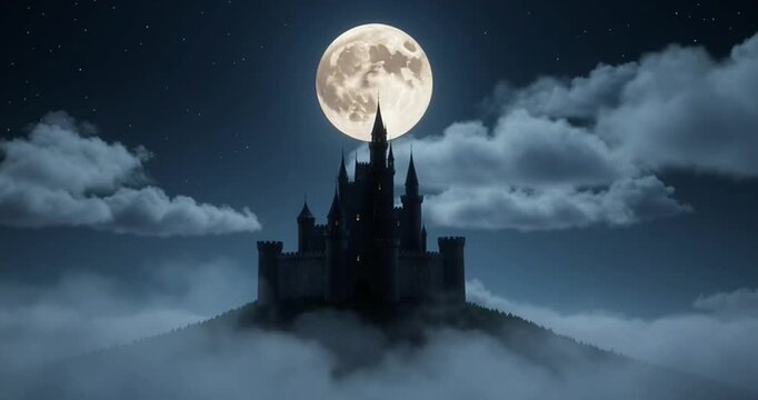 Spooky Gothic Castle Silhouette Under a Bright Full Moon Surrounded by Thick Rolling Fog in a Mysterious Midnight Sky Atmosphere