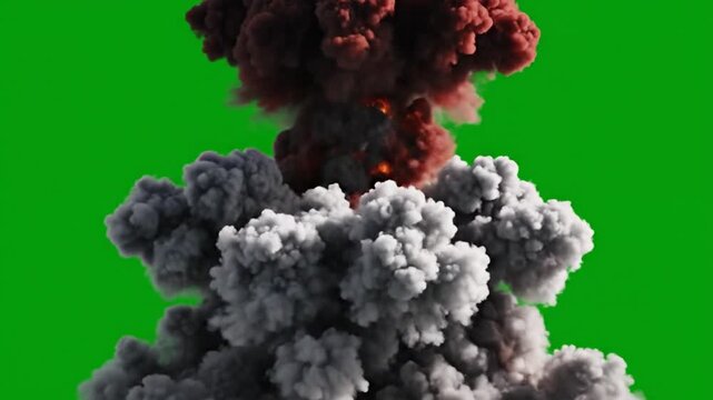 Powerful explosion mushroom cloud rising against vibrant green backdrop dynamic visual effects footage.