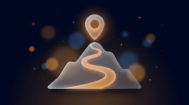 Glowing winding road leading up a stylized mountain to a prominent map pin marker symbolizing journey and destination