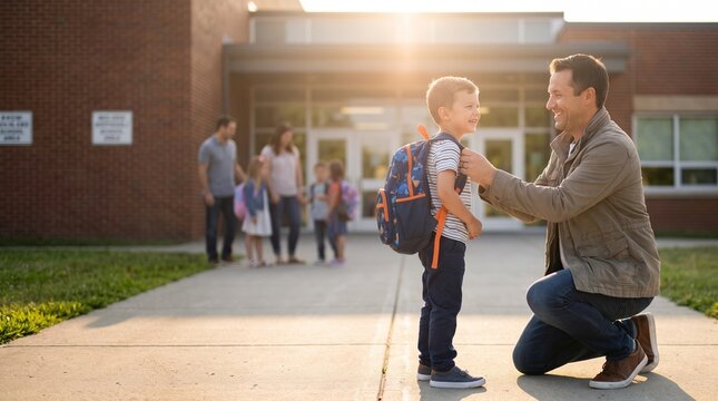 Father and young son with backpack, with bright morning sunlight flare, kneeling to adjust straps, outside primary school building on walkway, lifestyle photography
