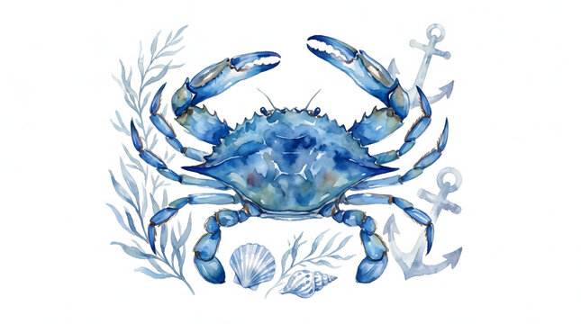Watercolor blue crab with nautical anchors and seashells for maritime decoration