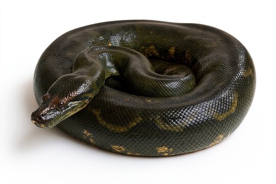 Coiled green python with patterned scales on white