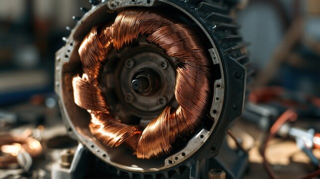 Copper windings surround an exposed motor core in a detailed engineering close up