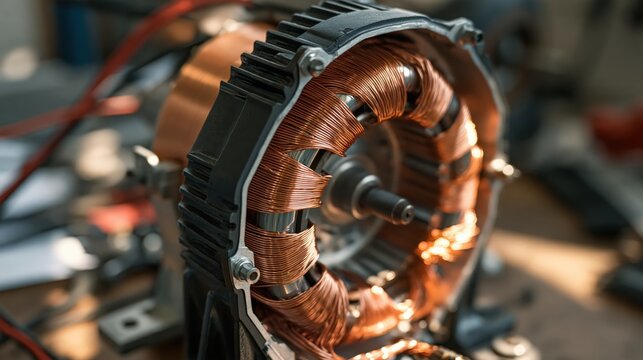 Copper windings surround an exposed motor core in a detailed engineering close up