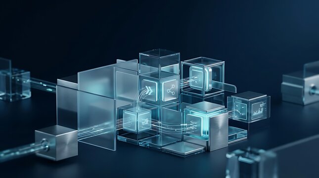 Abstract glass cubes with embedded digital icons linked together in a complex modular arrangement, illustrating block data, cloud microservices, and decentralized network architecture.
