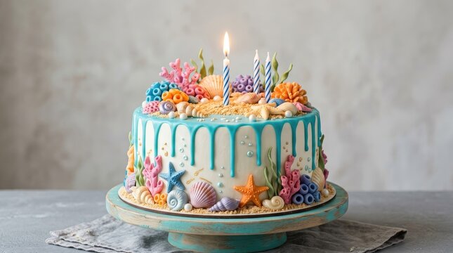 Birthday cake decorated with edible sea shells, corals, and starfish with blue drip icing and lit candles on a teal stand against grey wall