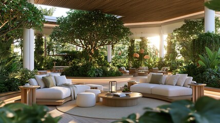 Obraz premium Modern lounge area with lush greenery and natural