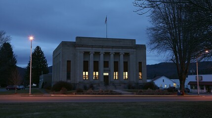 Obraz premium Neoclassical government building illuminated at dusk with streetlights