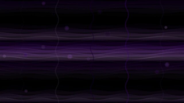 Abstract dark purple looping background with flowing wavy lines and scattered glowing particles