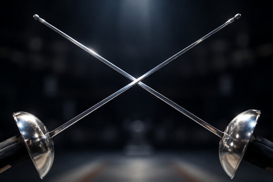 The crossed tips of two polished dueling foils forming an 'X' shape.