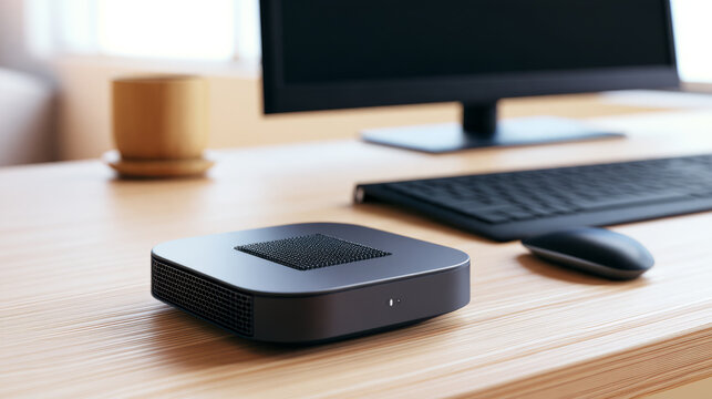 Mini PC with computer chip on desk, technology and compact computing concept