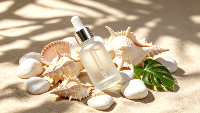 A frosted glass dropper bottle sits on sand among seashells, white pebbles, and a monstera leaf, with tropical leaf shadows across the scene.