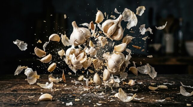 Several whole garlic bulbs and loose cloves exploding into the air above a dark wooden surface, creating a dynamic food scene
