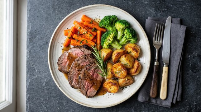 Sliced medium rare beef steak served with roasted potatoes, steamed broccoli, and glazed carrots on a round white plate with cutlery
