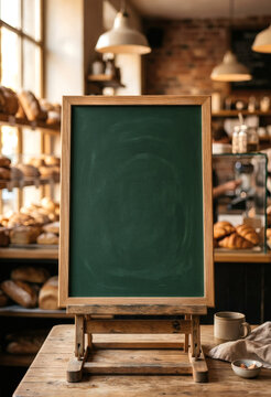 Blank chalkboard sign standing on a wooden table inside a rustic bakery shop.