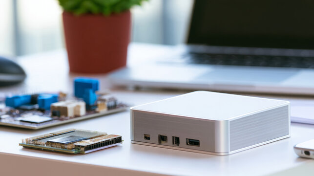 Mini PC with computer chip on desk, technology and compact computing concept