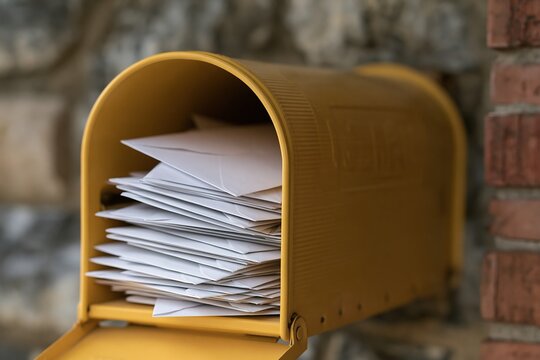 Yellow mailbox overflowing with white envelopes on brick