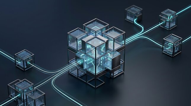 Cluster of transparent glass server cubes connected to surrounding satellite units by glowing light channels on a dark background, illustrating distributed cloud database architecture.