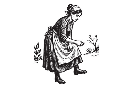 Vintage etching illustration of a woman in an apron working in a garden with domestic
