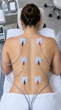 Person lies face down with six wired electrode pads attached across the back while another hand adjusts an upper pad on a padded treatment table in a bright clinical room