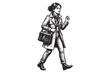 Fototapeta premium Woman walking with shoulder bag wearing a trench coat in ink drawing style
