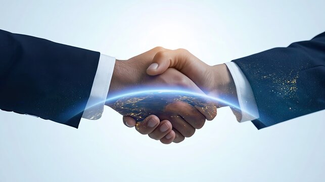 Businessmen handshake with earth light overlay, global international cooperation cross-border trade partnership win-win business concept