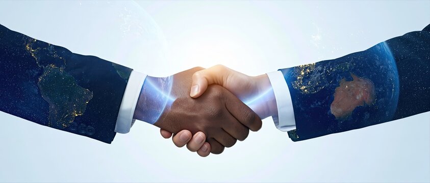 Businessmen handshake with earth light overlay, global international cooperation cross-border trade partnership win-win business concept