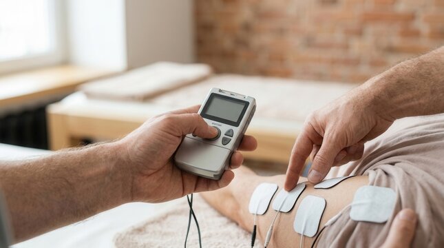 Close-up of TENS unit pads being applied to a person's arm during electrotherapy treatment for pain relief and muscle stimulation.