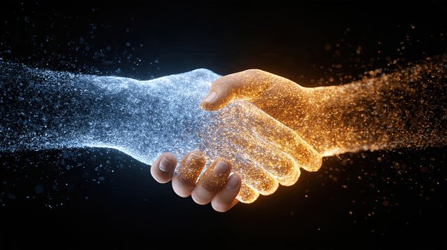 Particle effect two-tone digital handshake, business partnership cooperation win-win tech virtual agreement concept illustration