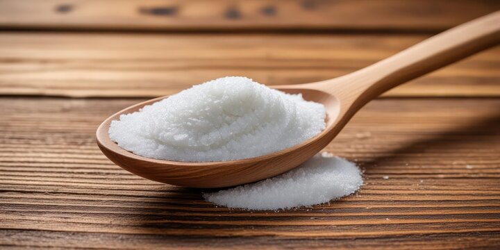 A spoonful of xylitol sugar substitute on a wooden table
