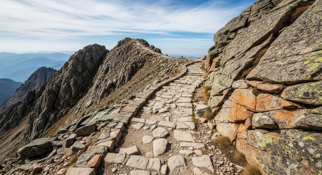 A hiker ascends a rocky mountain trail. The trail is constructed of large, irregular stones.