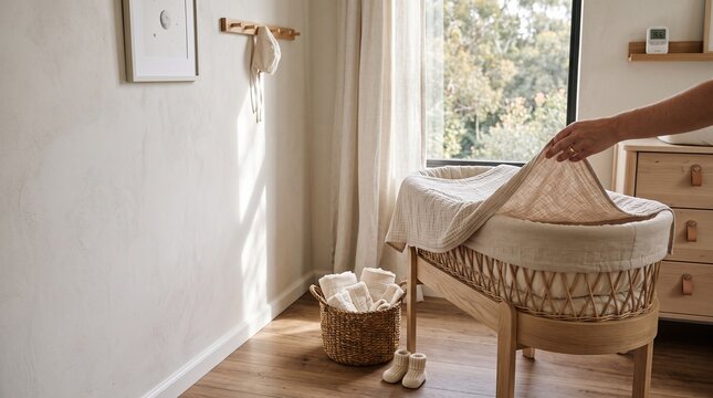 Hand tucking a muslin blanket into a sunlit nursery bassinet