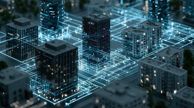 commercial property tokenization scene, office towers and apartment buildings linked through a digital blockchain grid