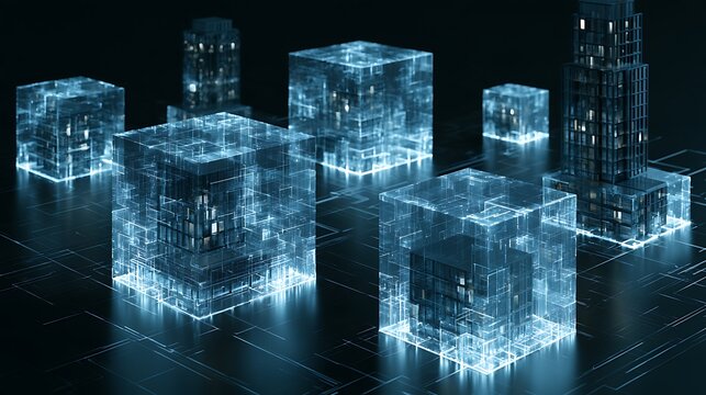 future property finance concept, tokenized real estate portfolio with multiple buildings as glowing digital cubes,