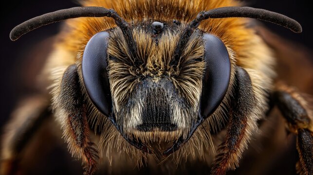 Extreme close-up macro portrait of a bee face with compound eyes and fine hair texture