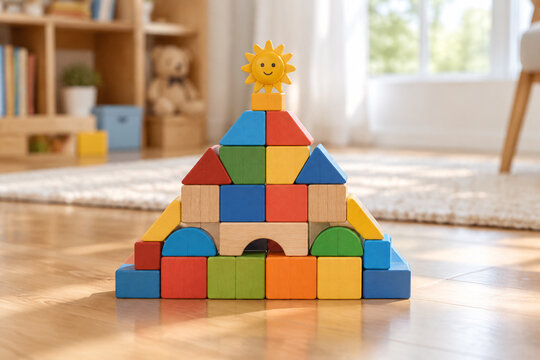 Colorful wooden block pyramid with a toy sun on top, on a wooden floor.