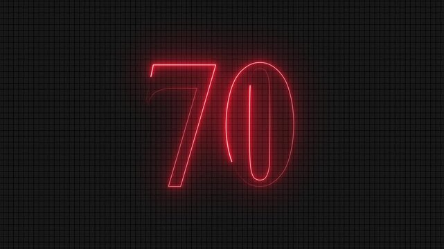 Neon glowing red digital number seventy nine on dark grid background