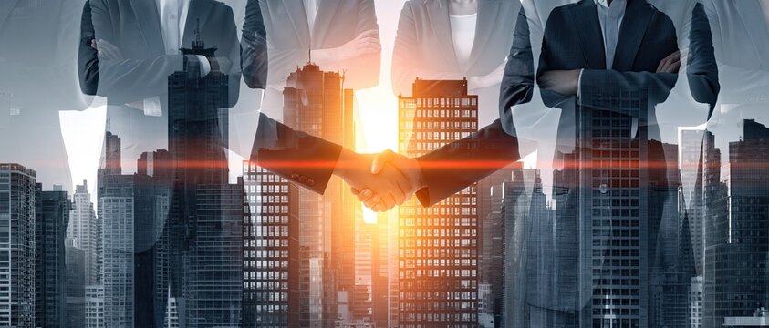 Double exposure business team portrait, city skyscrapers and handshake silhouette, sunrise light corporate cooperation win-win banner