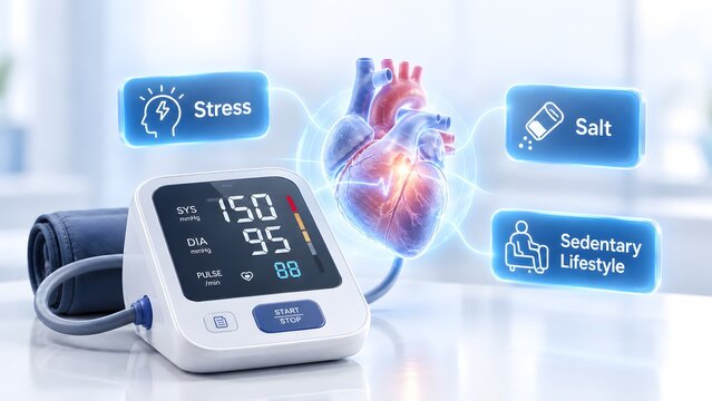 Futuristic medical concept showing glowing holographic heart and blood pressure monitor with hypertension risk factors including stress salt and sedentary lifestyle