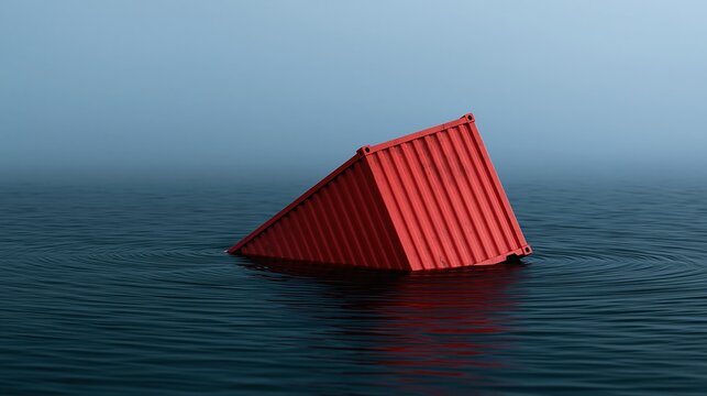 Red shipping container half submerged in calm blue