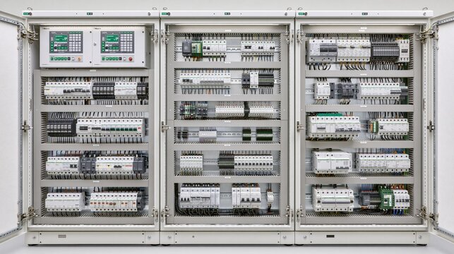 Open industrial electrical control panel with circuit breakers