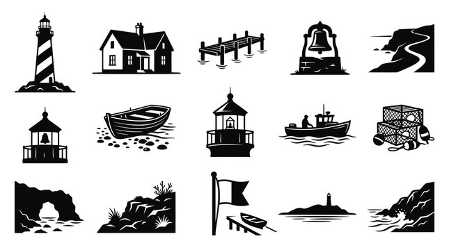 Nautical Coastal Maritime Icons Collection - Black  White Glyph Vector Set of Lighthouses, Boats, and Sea Elements