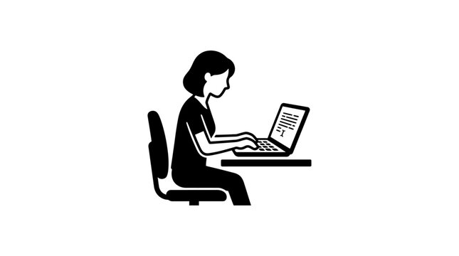 A flat black vector icon featuring a professional woman sitting at a desk and typing on a laptop computer for remote business communication tasks