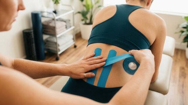 Physical therapist applies therapeutic tape to a patient's lower back for pain relief and muscle support.