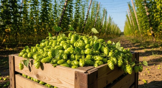 A wooden crate overflows with fresh, green hops. The hops are piled high, showcasing their vibrant color and texture.