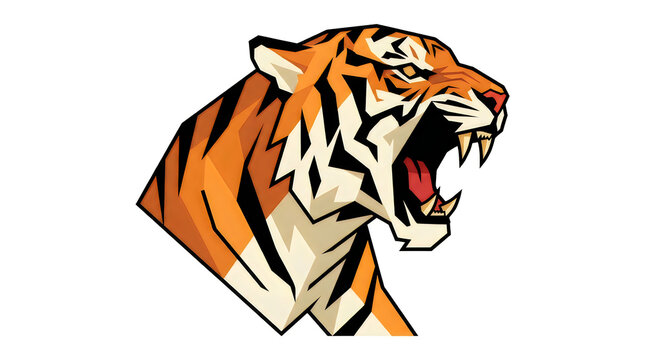 Tiger Roaring with Open Mouth, Dynamic Illustration. Powerful Feline Portrait, Orange and Black Stripes. Mascot Design, Animal Symbol.
