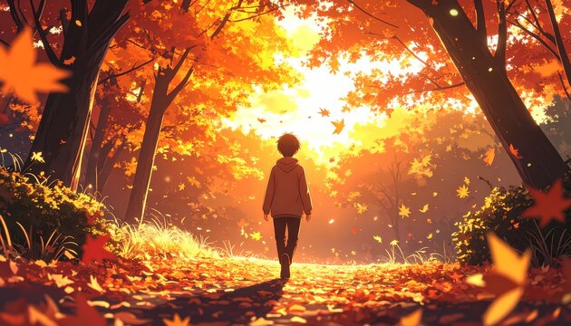 Child Exploring Autumn Forest Sunlight Pathway.
