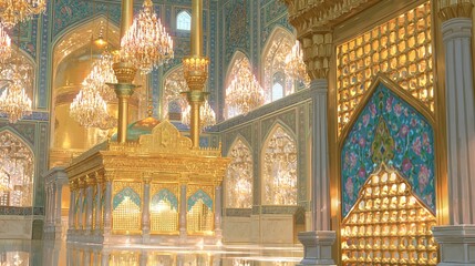 Obraz premium Golden tomb and chandeliers inside ornate mosque interior