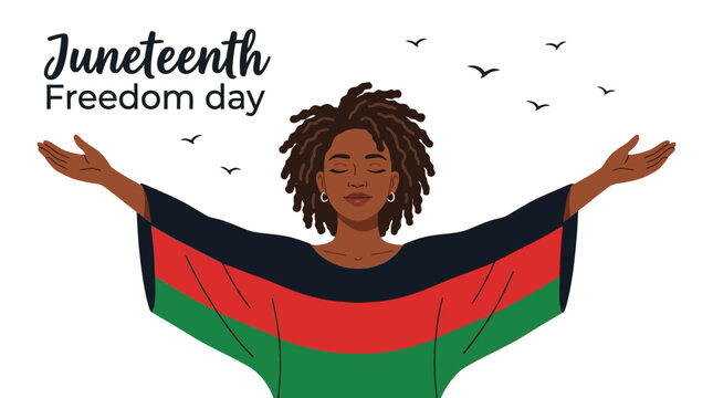 Juneteenth freedom day illustration featuring a young black woman with dreadlocks celebrating liberation and joy by standing on white background