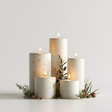 Minimalist festive candle set, elegant white candles with small gold decorative details, warm glowing flames, subtle greenery and seasonal accents.